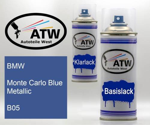 BMW, Monte Carlo Blue Metallic, B05: 400ml Sprühdose + 400ml Klarlack - Set, von ATW Autoteile West.